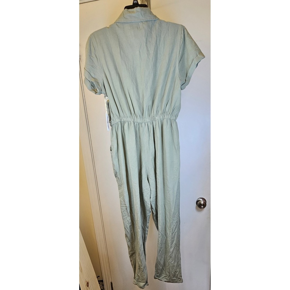 Jessica Simpson Olive Green Linen Blend Short Sleeve Button Up Jumpsuit Sz. Med. - Picture 8 of 9